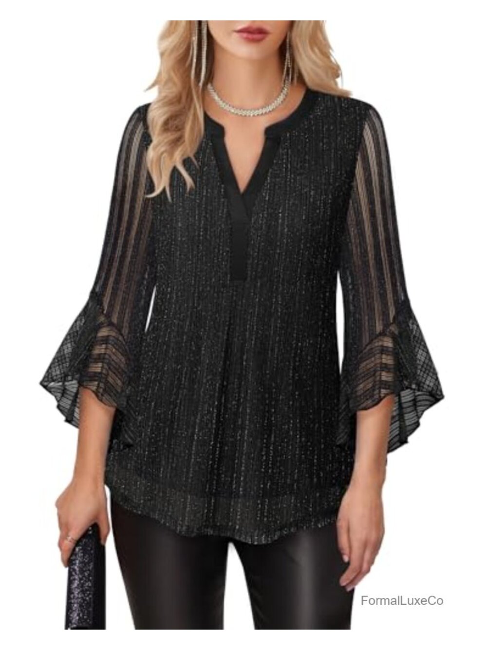 Lotusmile Women's 3/4 Sleeve V Neck Blouse Dressy Top Elegant Work Party